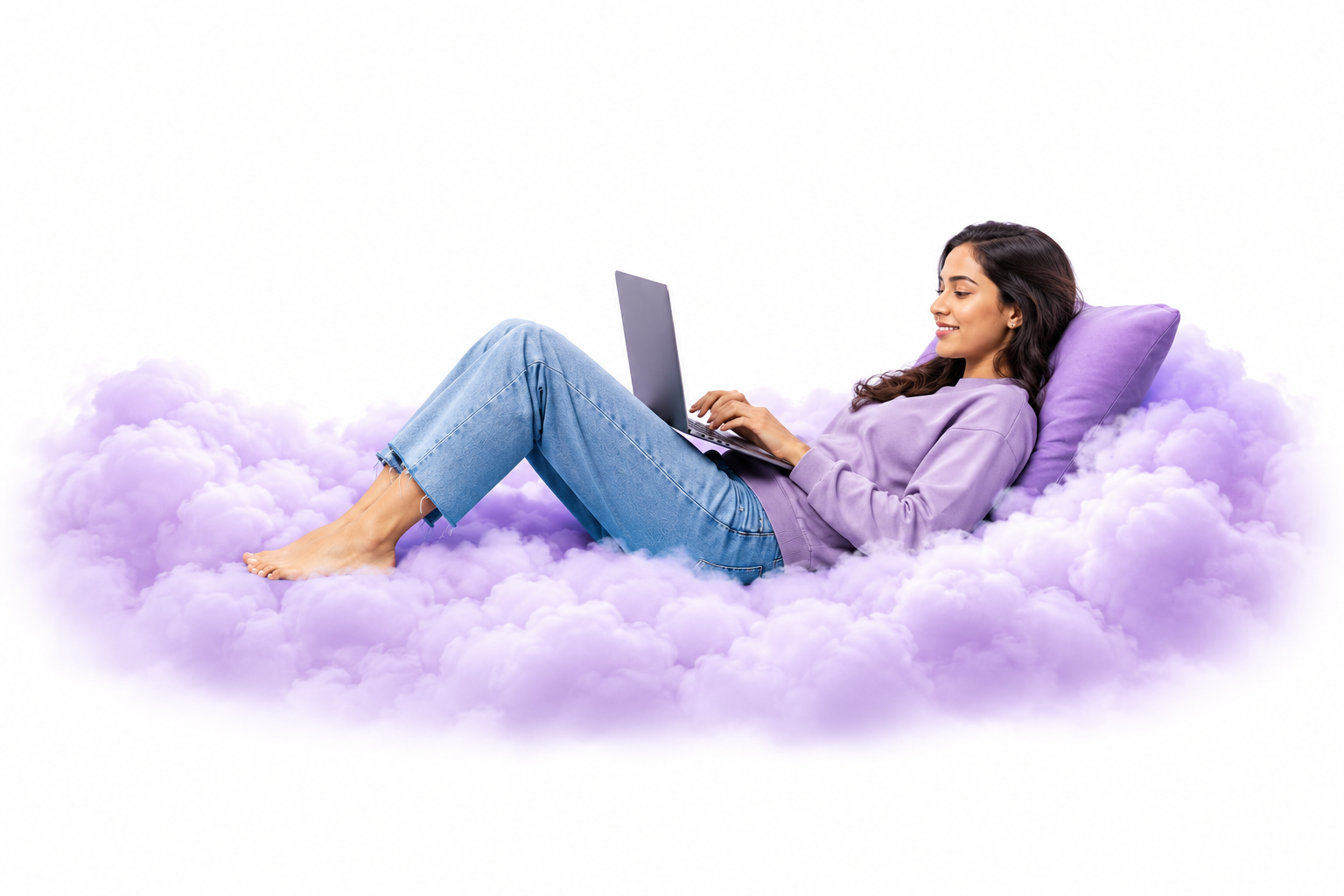 Learner studying AI tools on a laptop while resting on a purple cloud